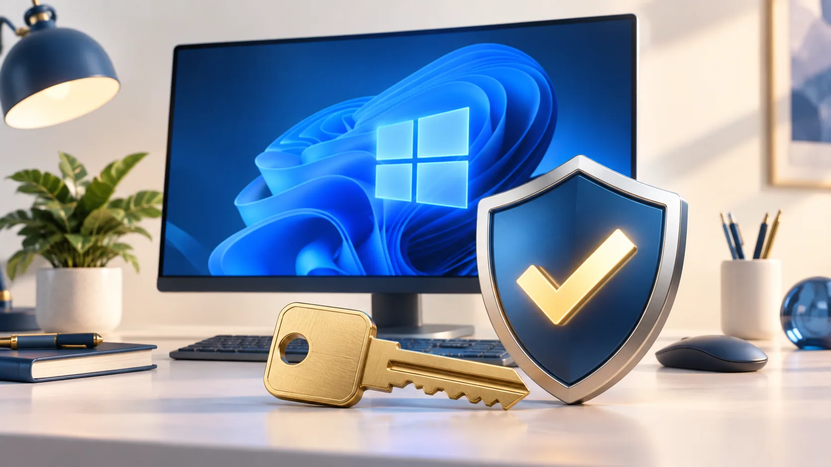 Illustration of a computer, license key, and verification shield.