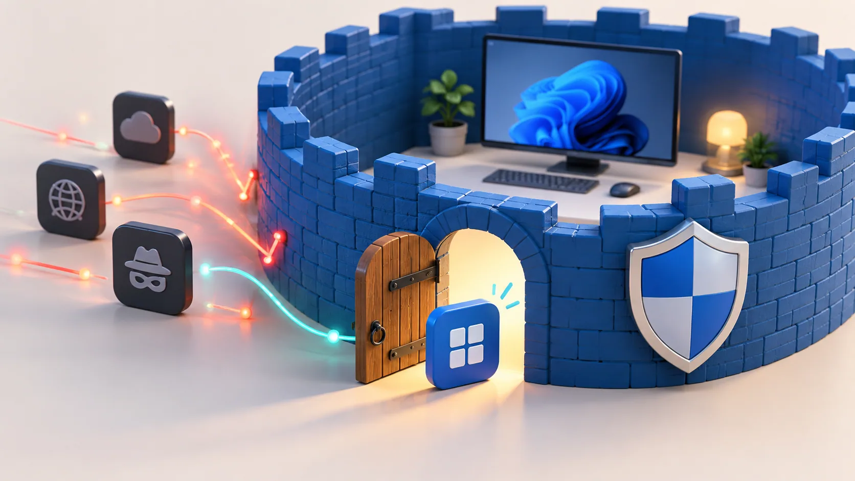 Illustration of a firewall allowing one trusted application through a protected gate.