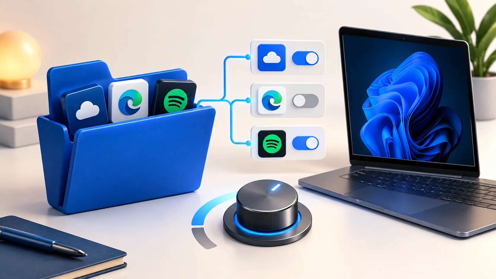 Illustration of a startup folder, application entries, and configuration controls.