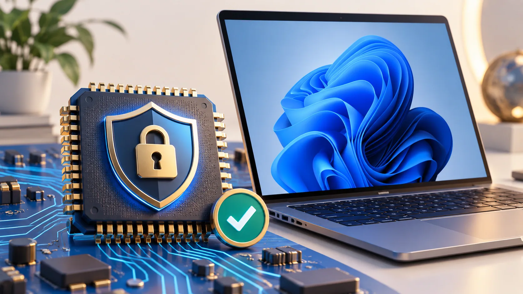 Illustration of a security chip, compatibility check, and laptop.