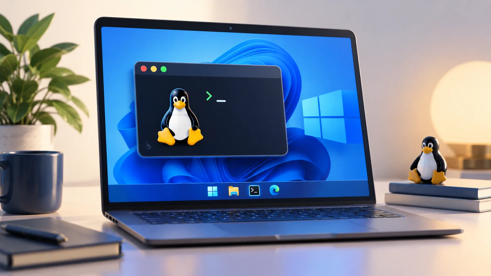 Illustration of a Linux terminal running inside a Windows laptop workspace.