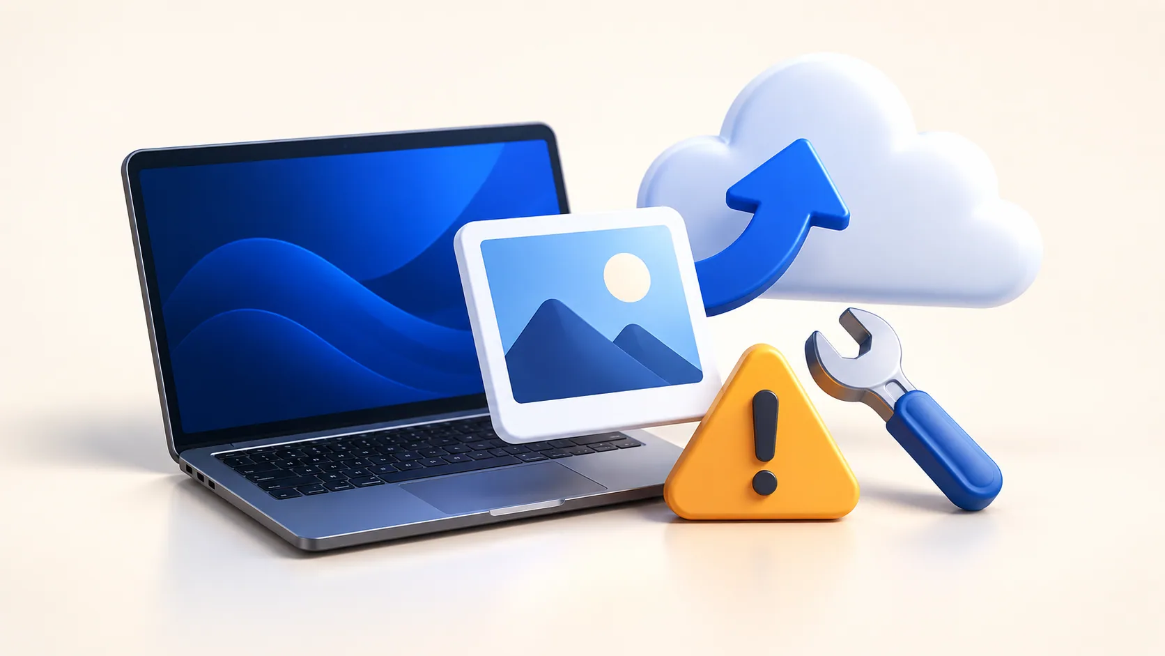Illustration of a laptop, photo upload, and repair tools for a media upload error.