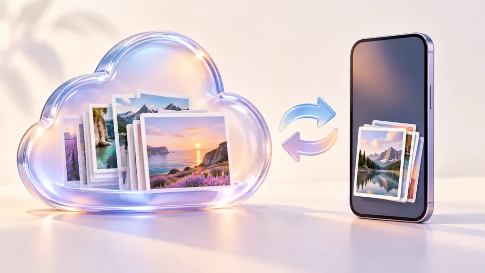Cloud photo library and a smaller phone photo collection connected by sync arrows