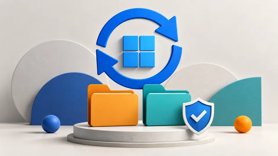 Illustration of Windows updates, protected files and a security shield