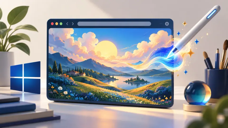 Illustration of a browser canvas creating a colorful landscape with AI art tools.