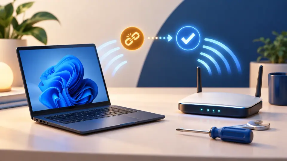 Illustration of repairing the wireless connection between a laptop and router.