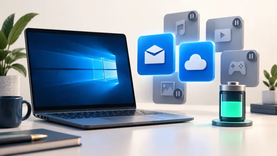 Illustration of active and paused background apps beside a laptop.