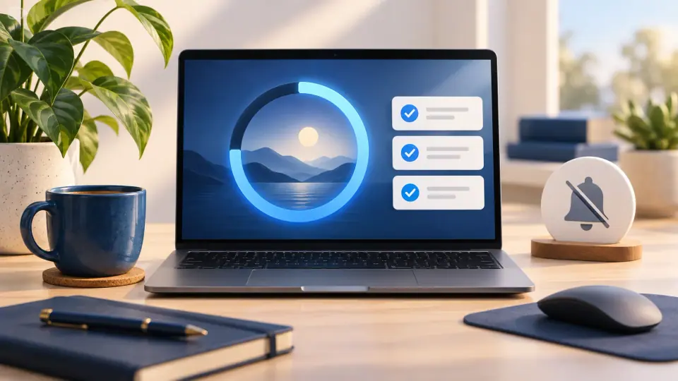 Illustration of a focus timer, task list, and silenced notifications beside a laptop.