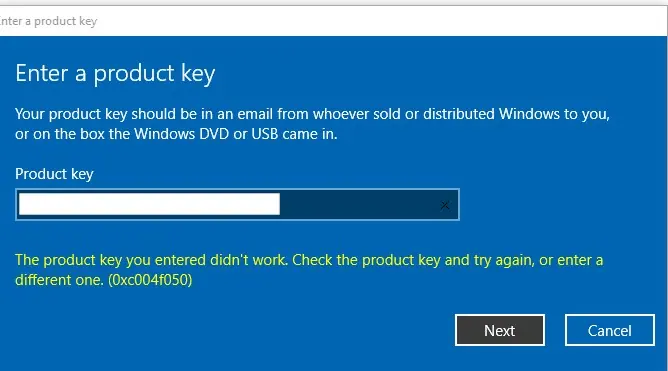 Fix : The product key you entered did not work 0xc004f050