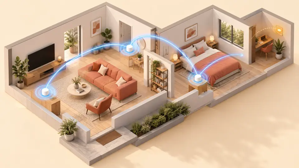 Cutaway home with mesh Wi-Fi nodes and signal paths between rooms