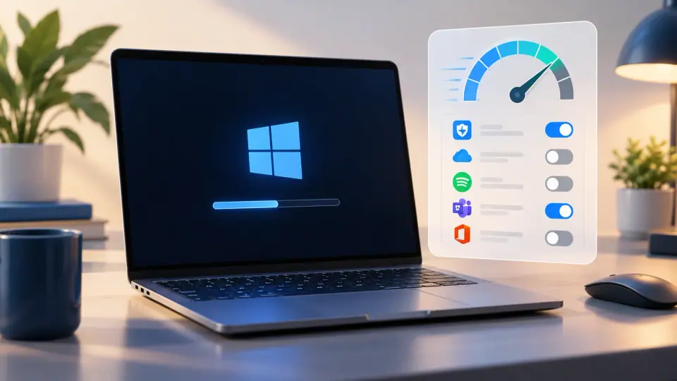 Illustration of a laptop starting with a reduced set of startup apps.