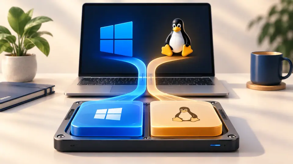 Illustration of one laptop with separate Windows and Linux boot paths.