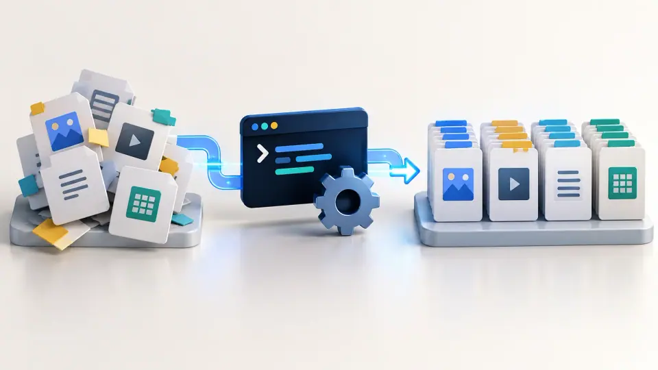 Illustration of file cards being renamed through an automated command workflow.