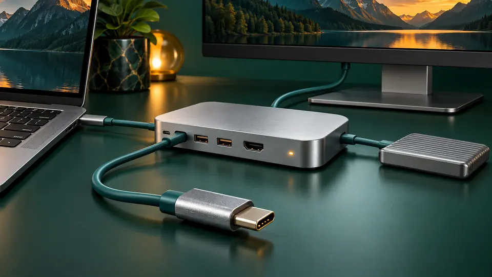 USB-C docking station with a laptop, monitor and external drive
