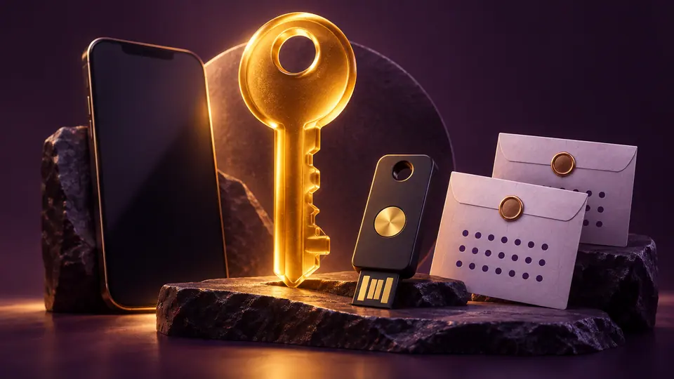 Phone, security key and backup-code envelopes representing account recovery