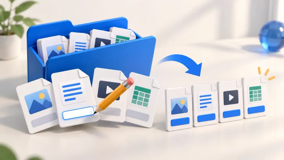 Illustration of selected files with editable name strips in a folder.